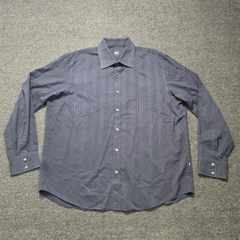 Hugo Boss Button Down Shirt Black Gray Striped Mens XXL Long Sleeve Cotton Work - Picture 2 of 8